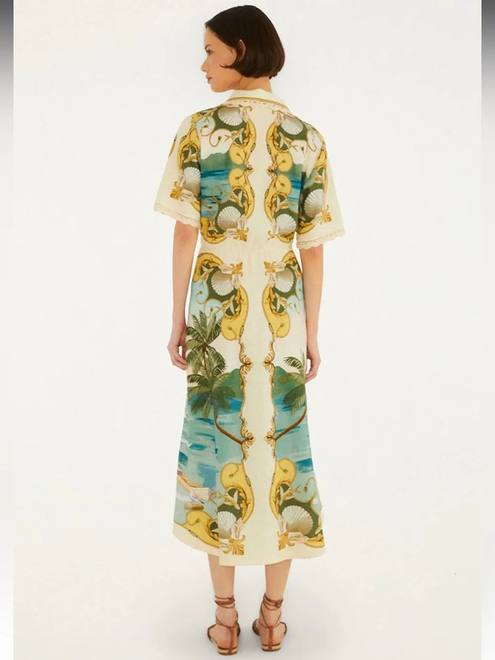 Farm Rio Royal Sea Gathered-Waist Midi Dress - Sz L - Picture 3 of 12